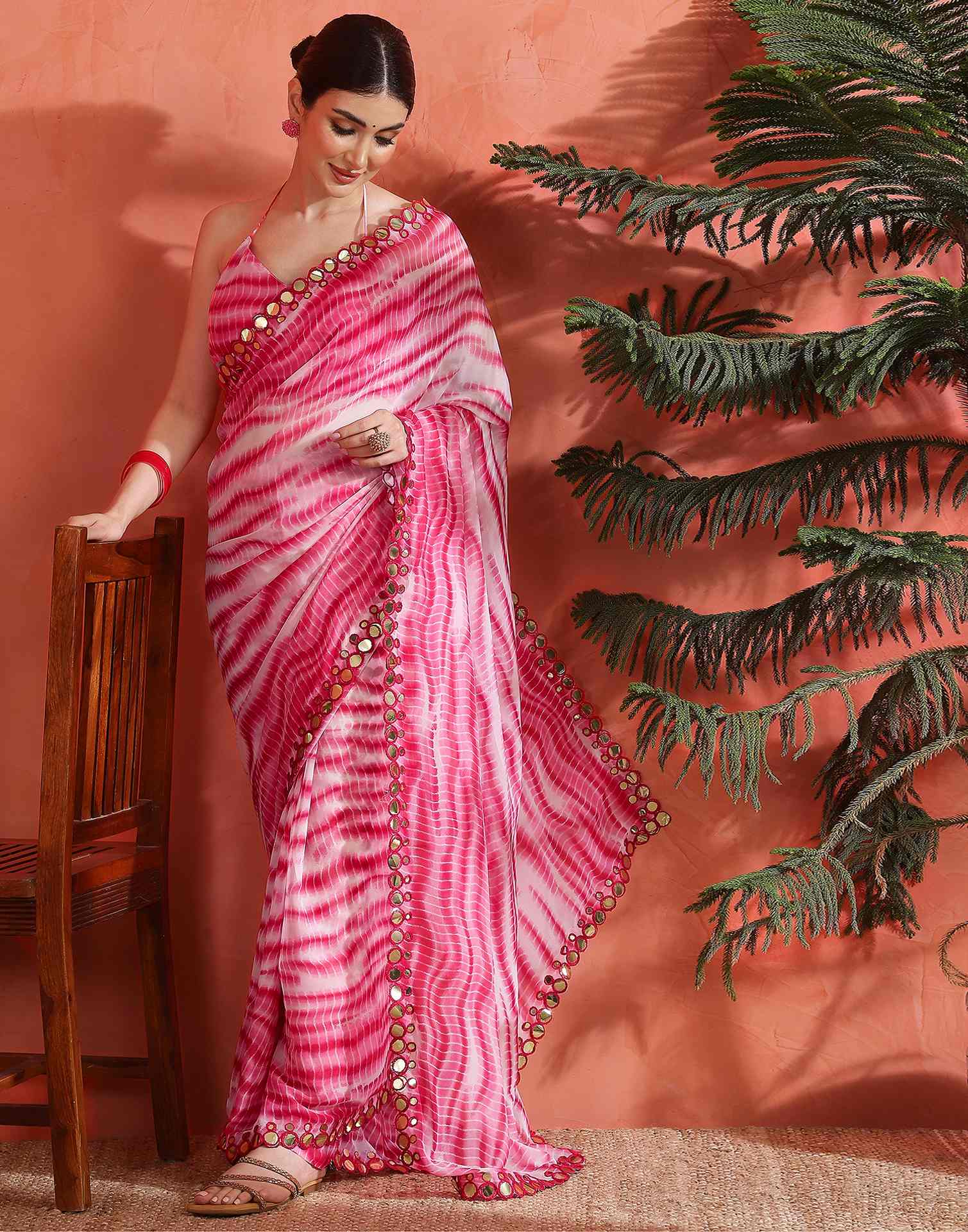 Pink Georgette Printed Laheriya Saree