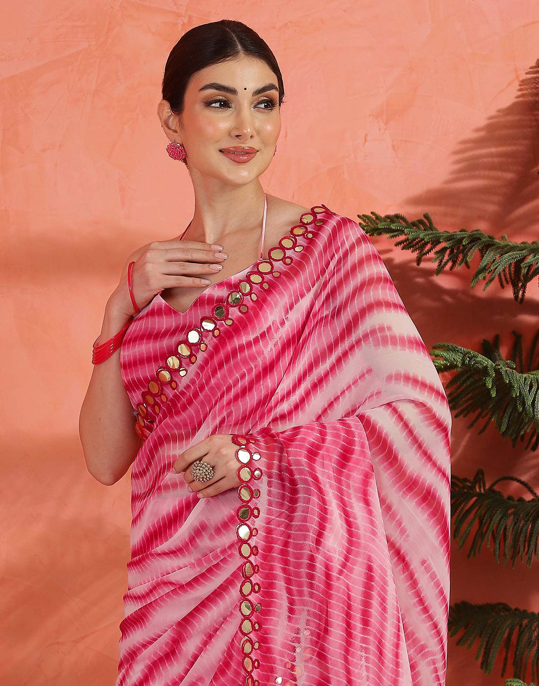 Pink Georgette Printed Laheriya Saree