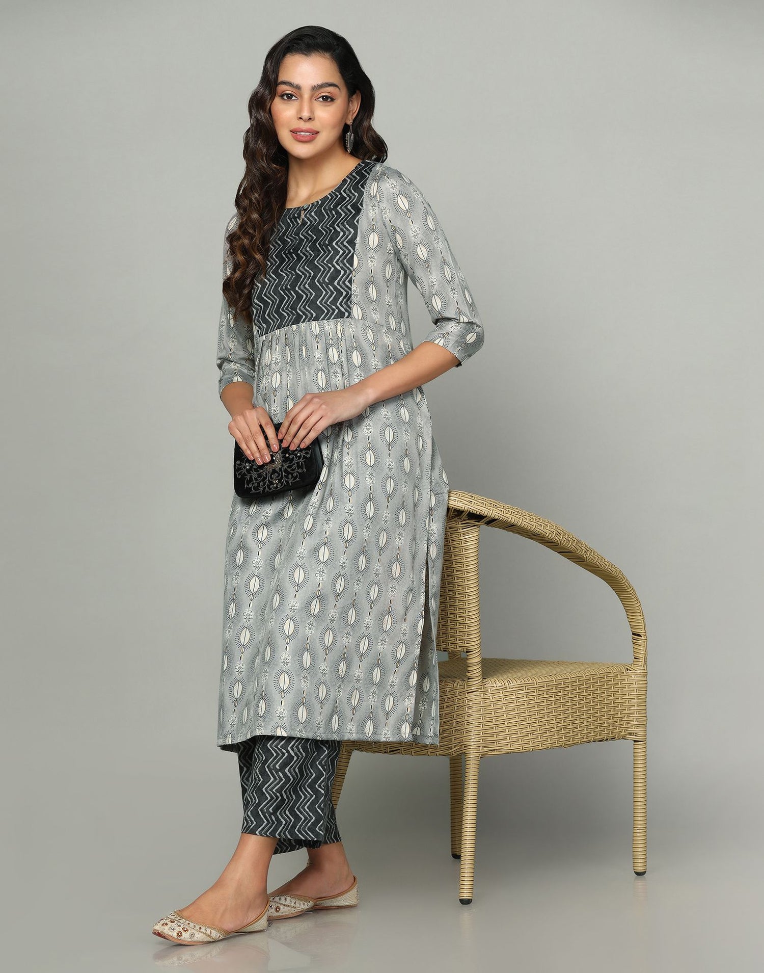 Grey Printed Cotton A-Line Kurta With Pant