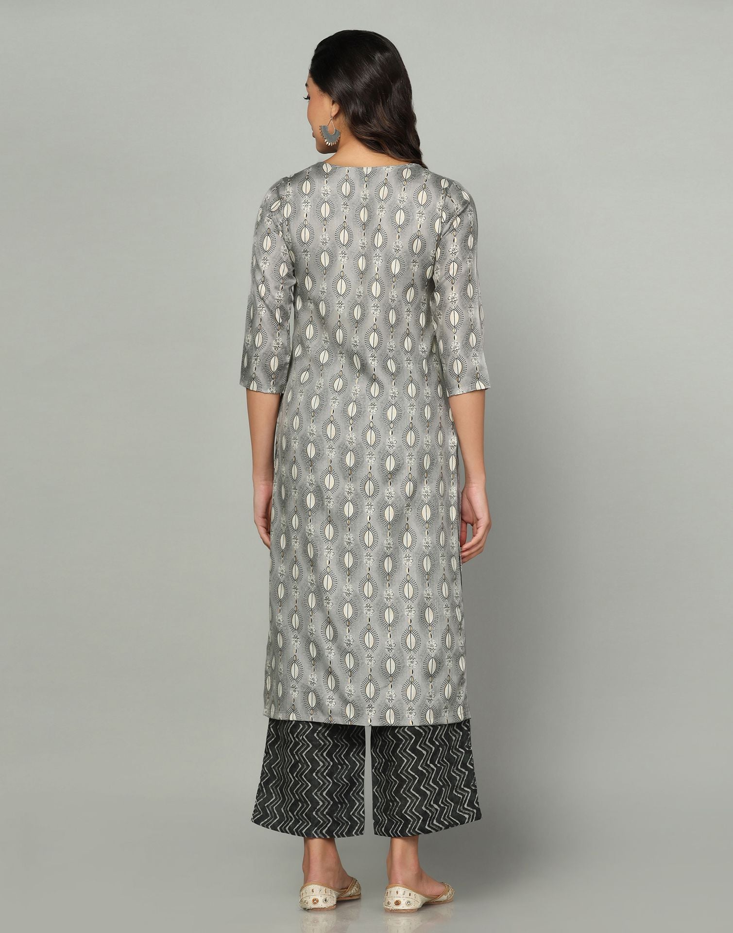 Grey Printed Cotton A-Line Kurta With Pant