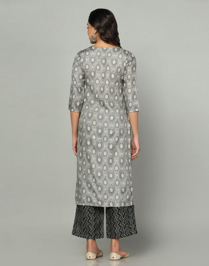 Grey Printed Cotton A-Line Kurta With Pant