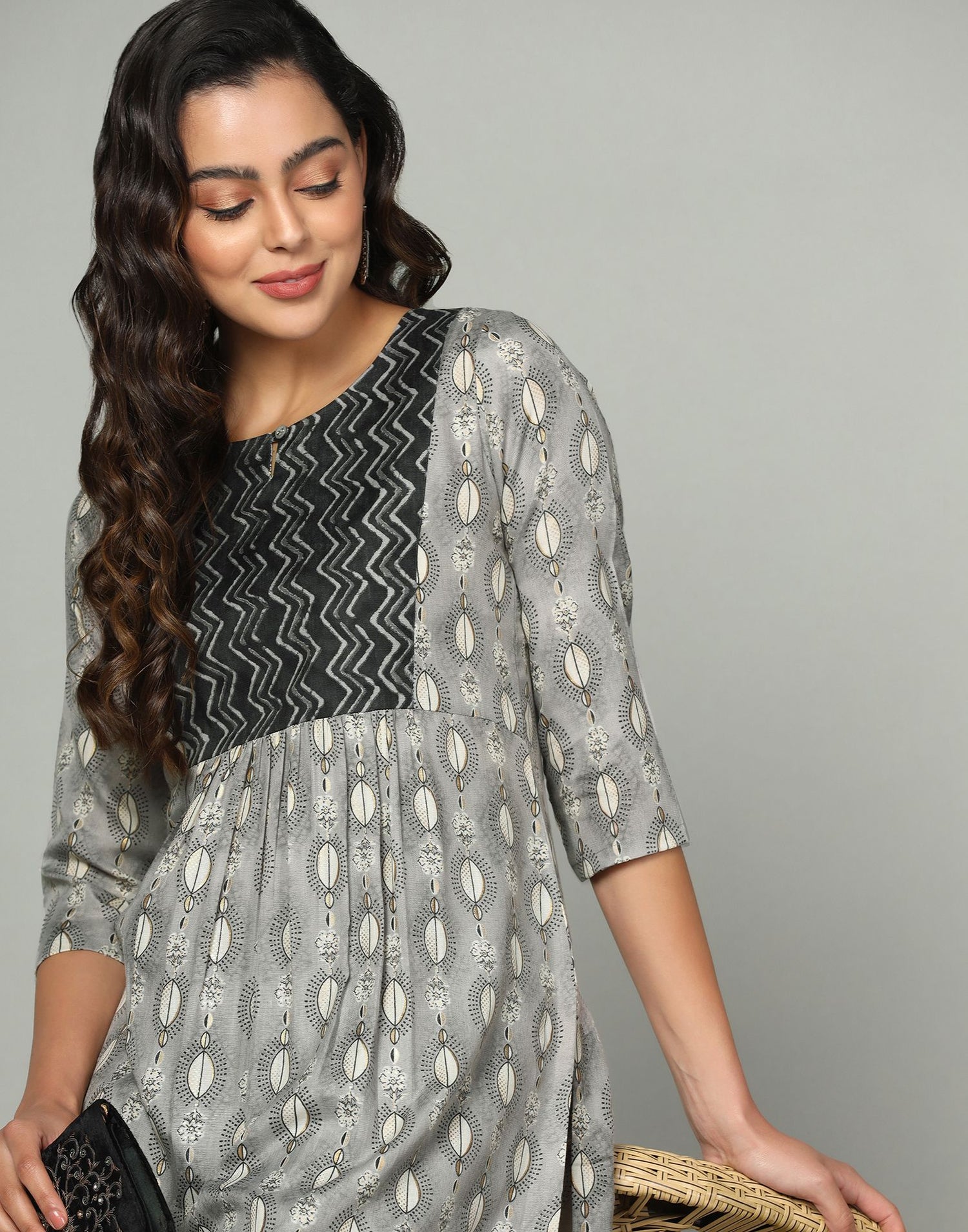 Grey Printed Cotton A-Line Kurta With Pant