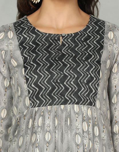 Grey Printed Cotton A-Line Kurta With Pant