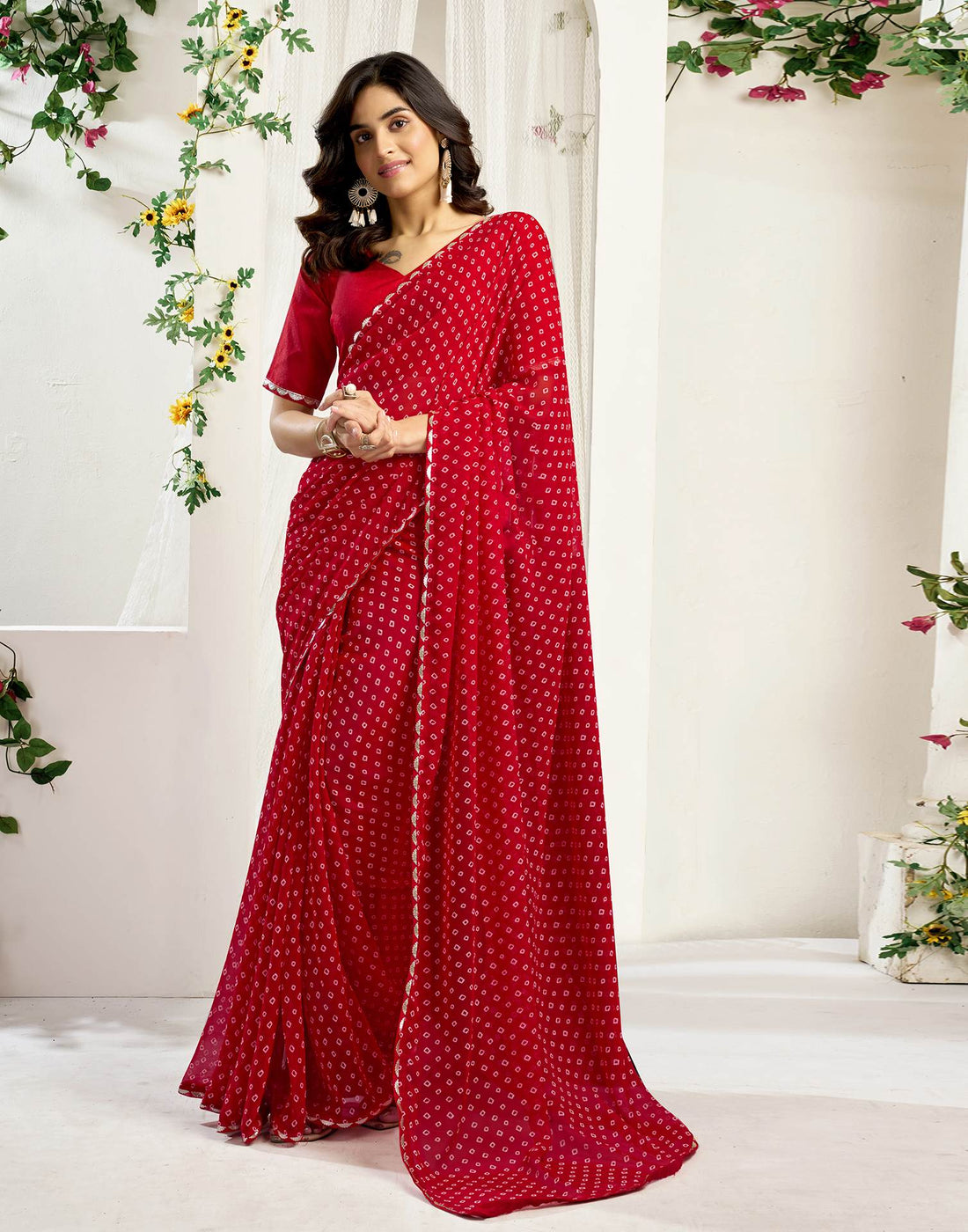 Red Georgette Printed Bandhani Saree