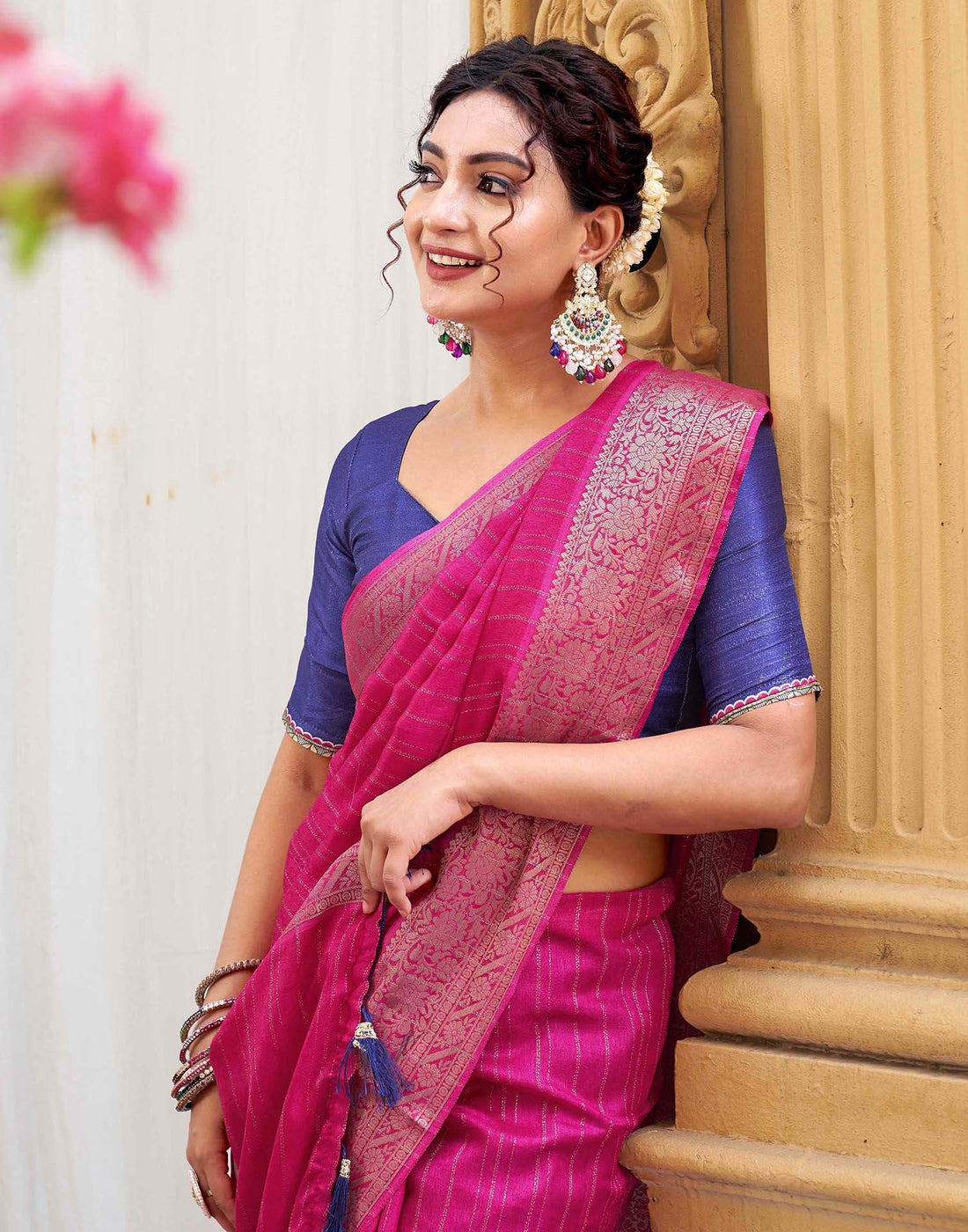 Rani Pink Silk Zari Stripe Woven Saree