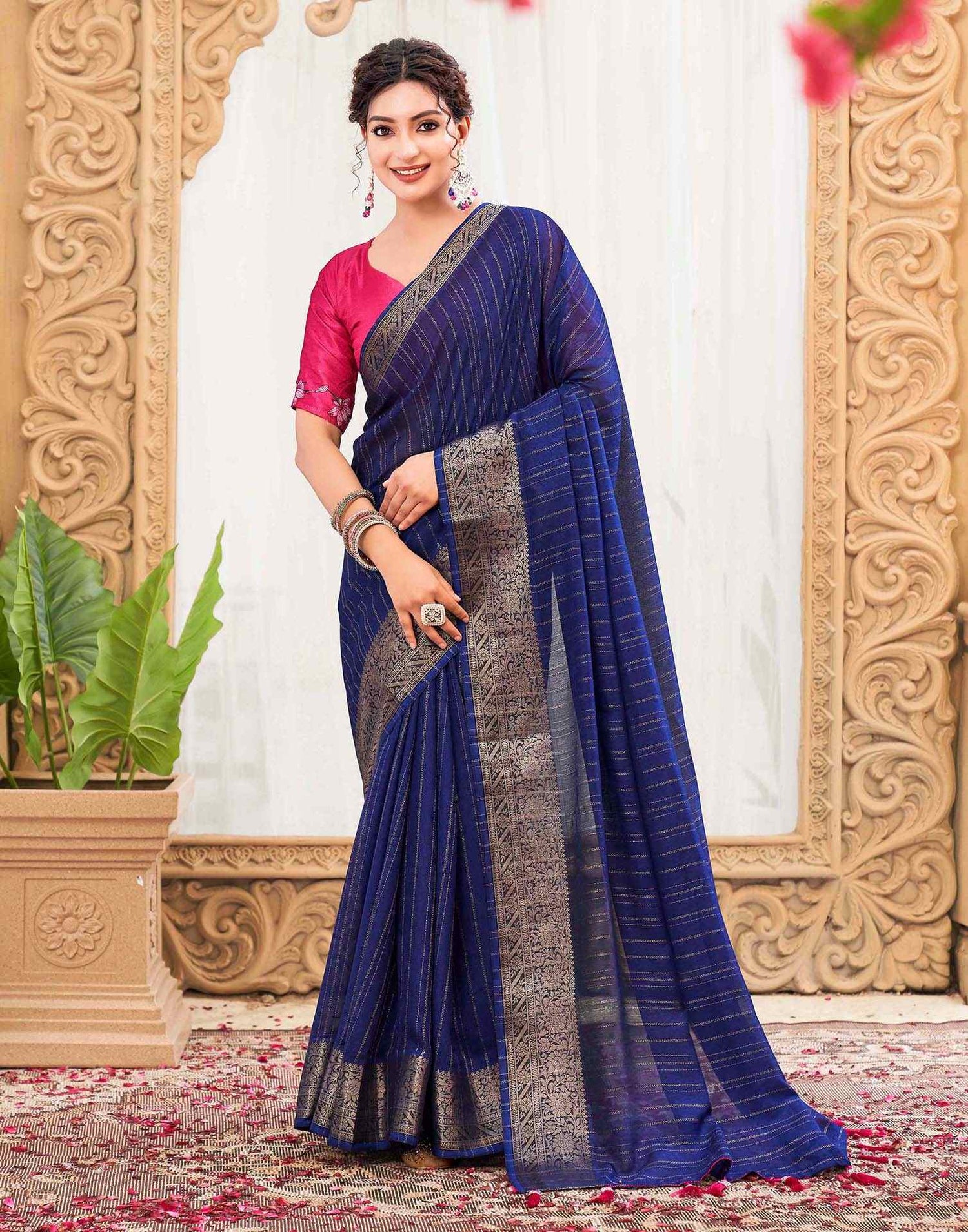Blue Silk Zari Stripe Woven Saree