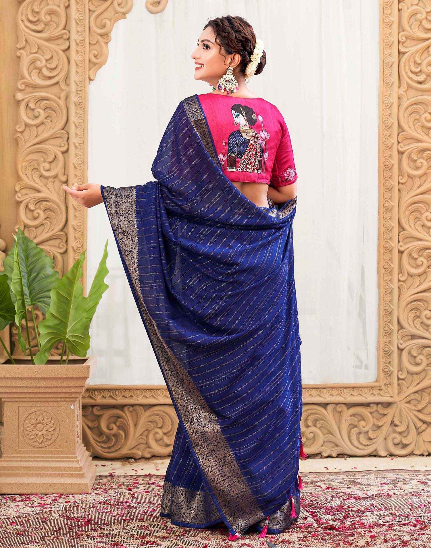 Blue Silk Zari Stripe Woven Saree