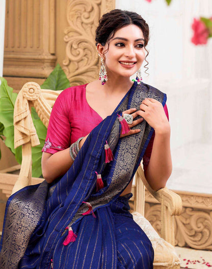 Blue Silk Zari Stripe Woven Saree