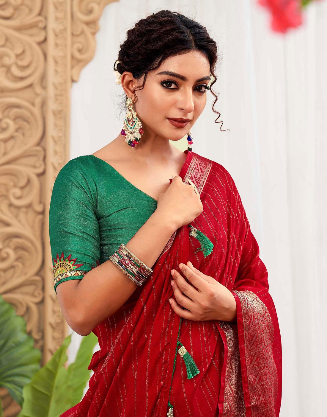 Red Silk Zari Stripe Woven Saree