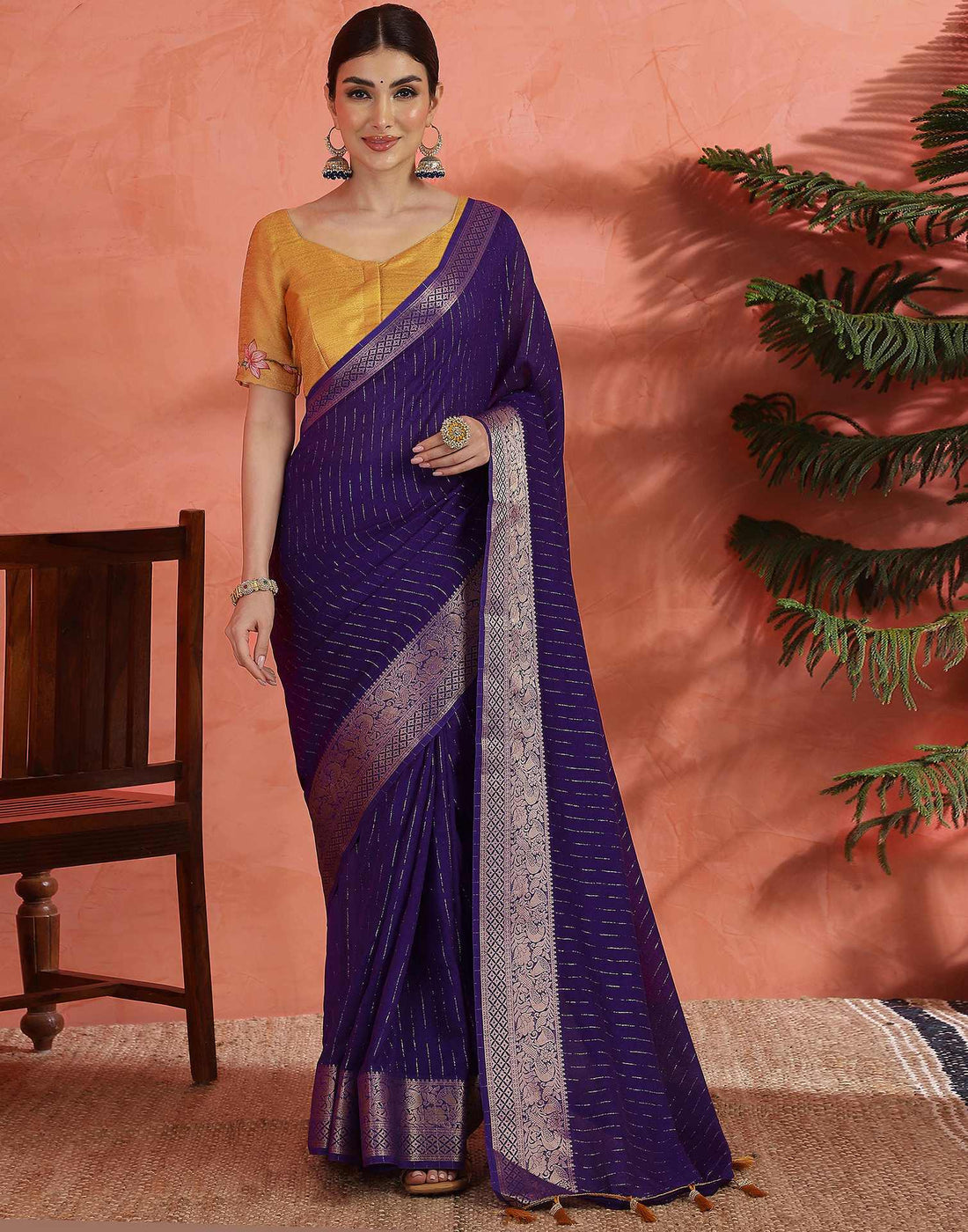Purple Silk Zari Stripe Saree