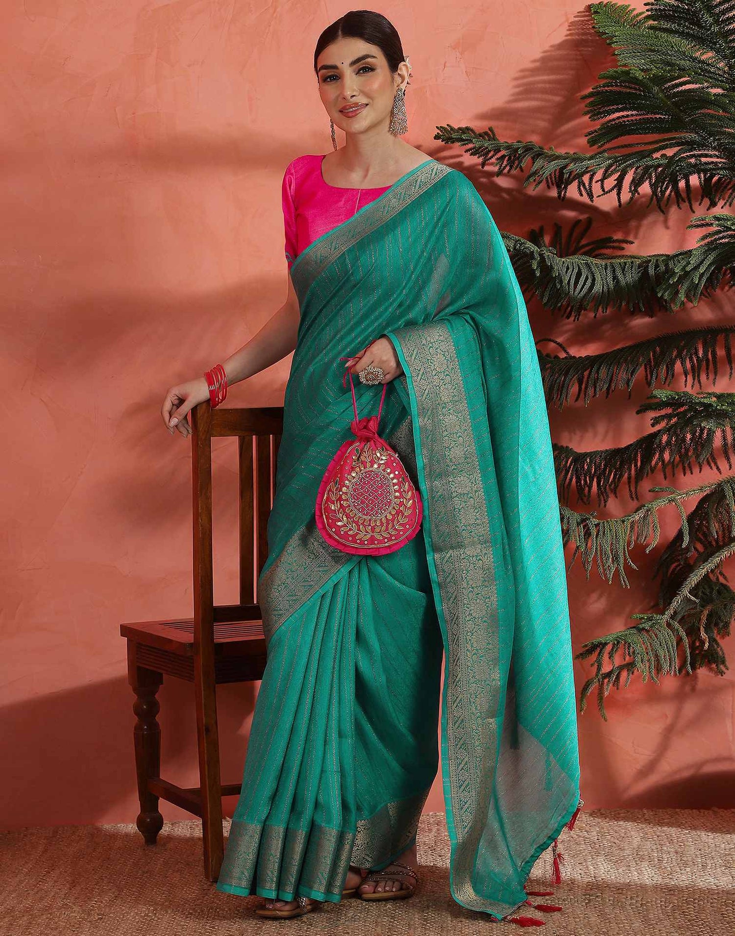 Teal Green Silk Zari Stripe Saree