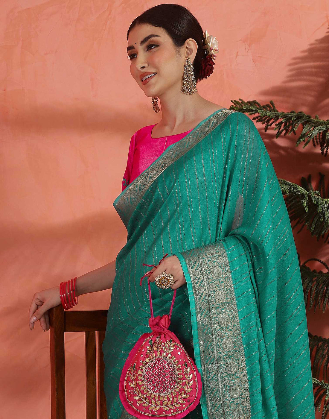 Teal Green Silk Zari Stripe Saree