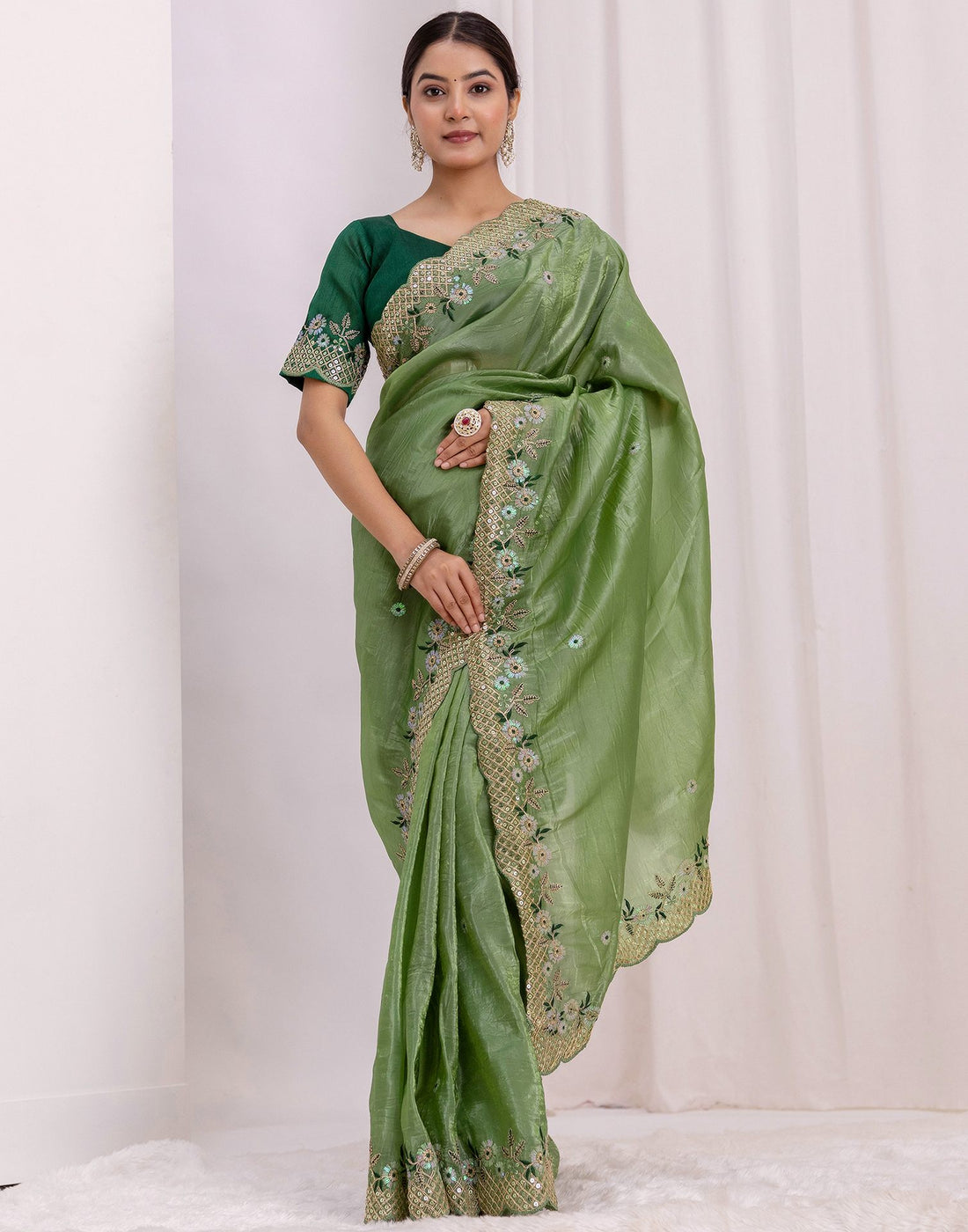 Moss Green Shimmer Sequence Embroidery Saree