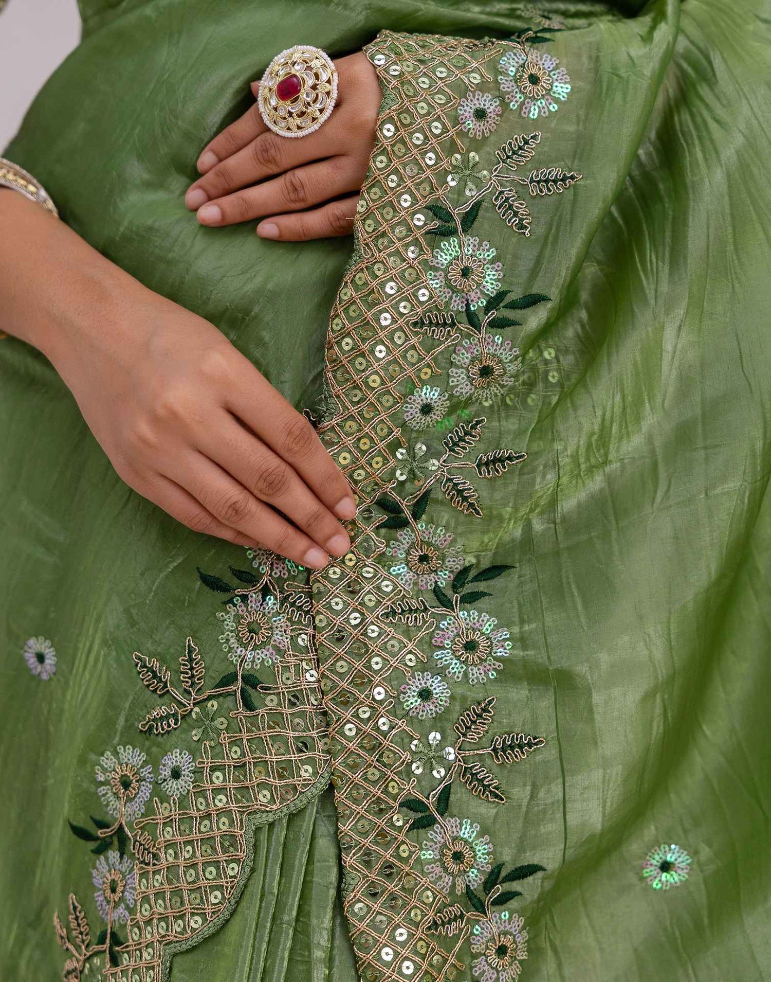 Moss Green Shimmer Sequence Embroidery Saree