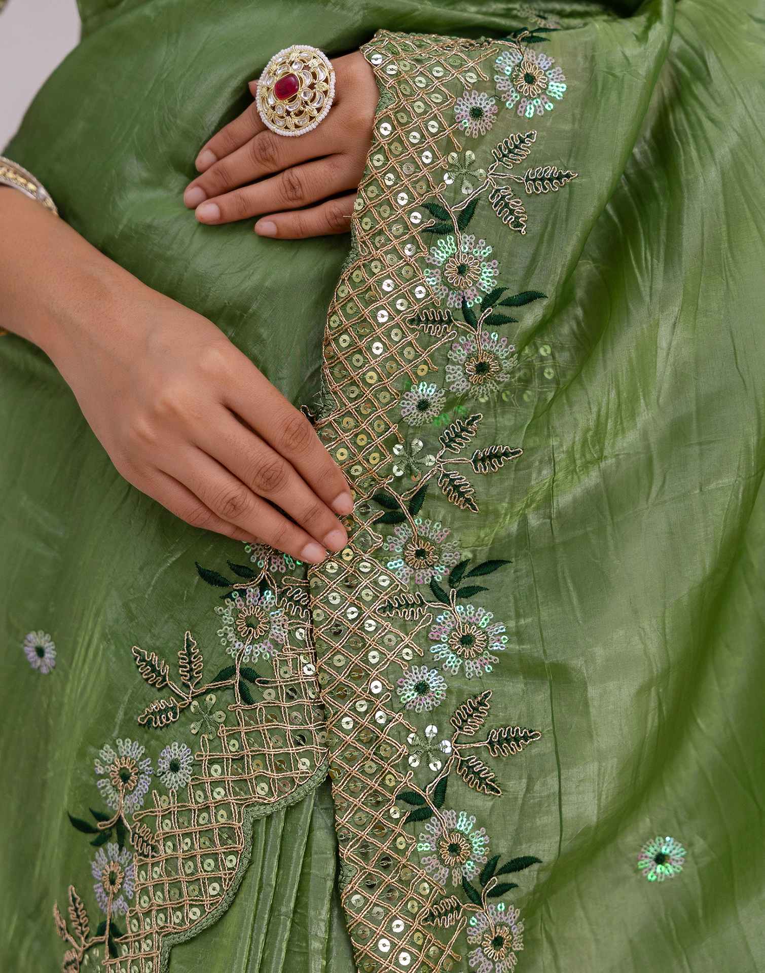 Moss Green Shimmer Sequence Embroidery Saree