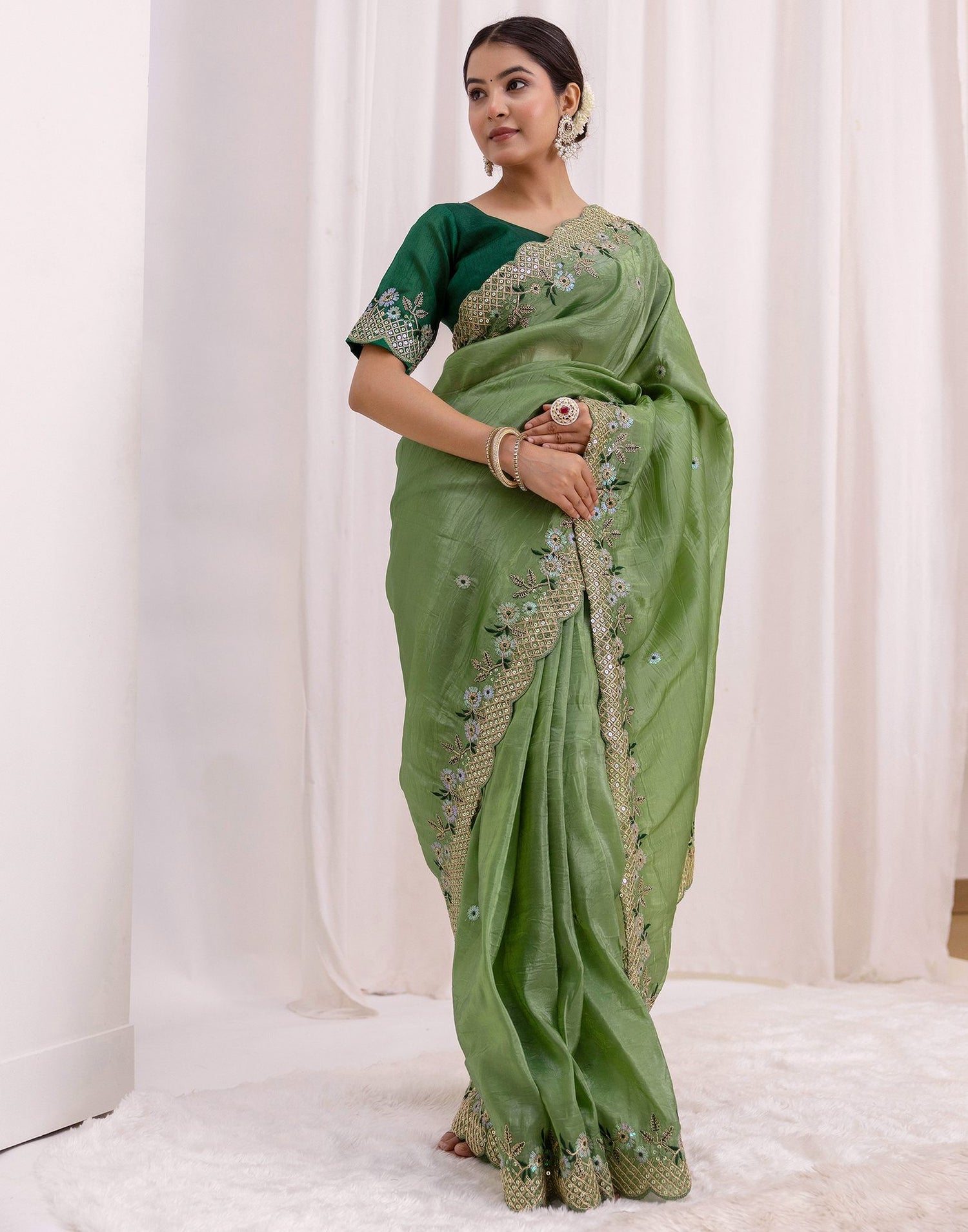 Moss Green Shimmer Sequence Embroidery Saree