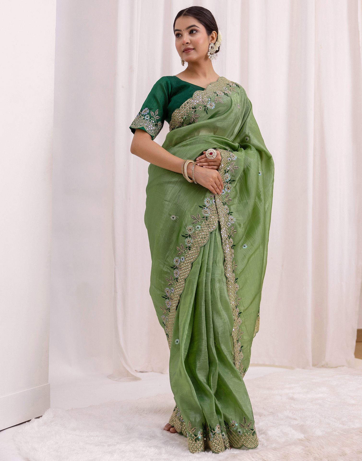 Moss Green Shimmer Sequence Embroidery Saree