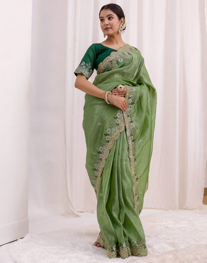 Moss Green Shimmer Sequence Embroidery Saree