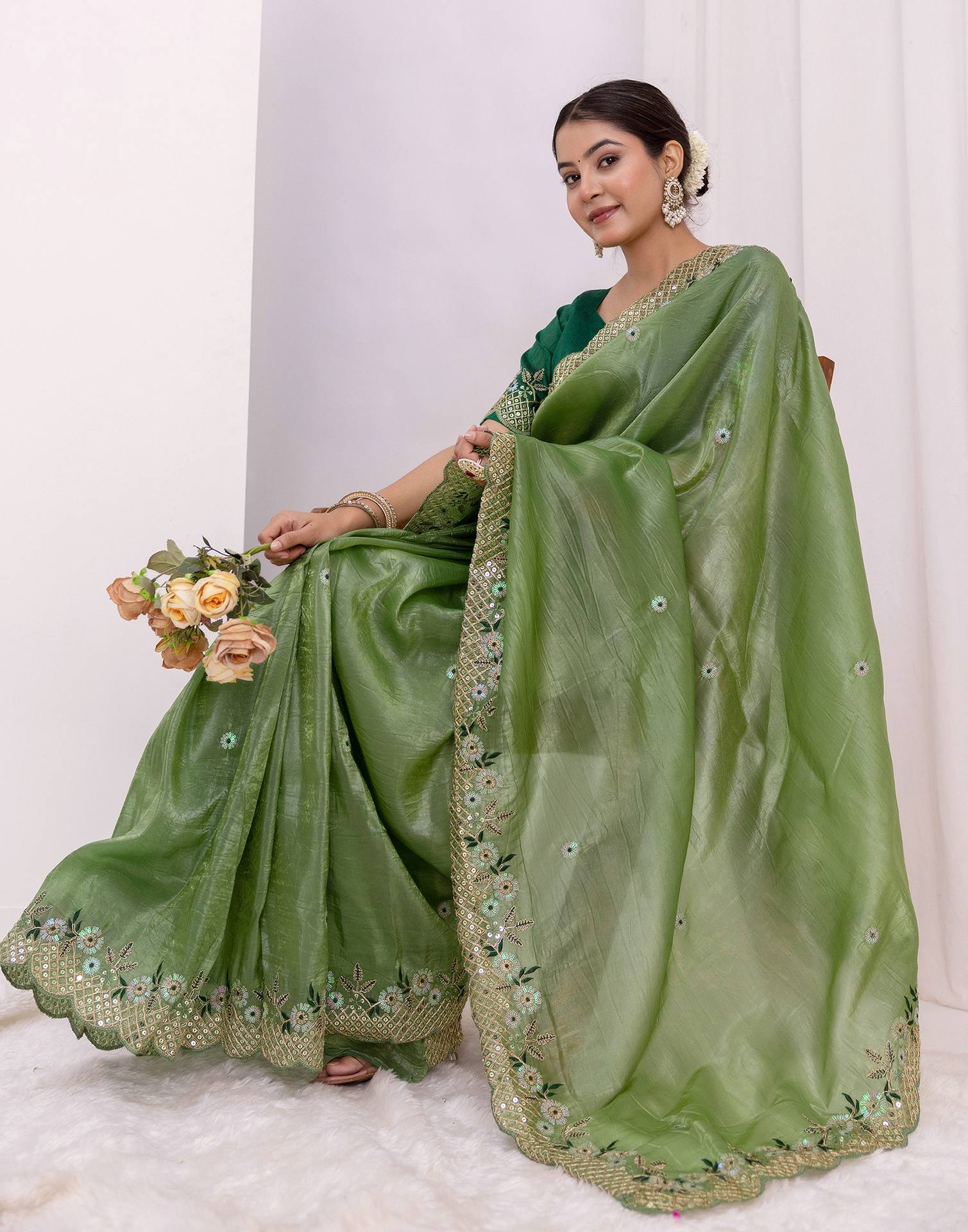 Moss Green Shimmer Sequence Embroidery Saree