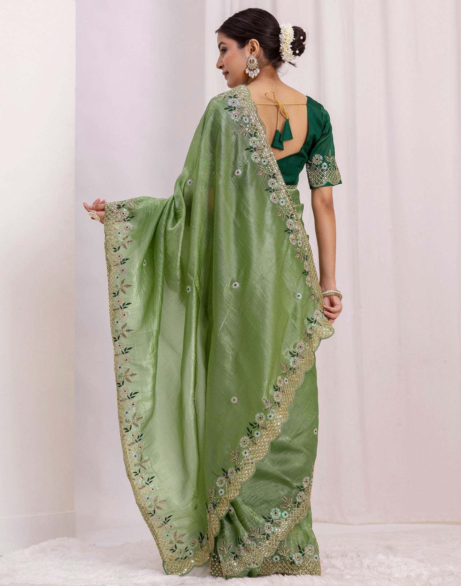 Moss Green Shimmer Sequence Embroidery Saree