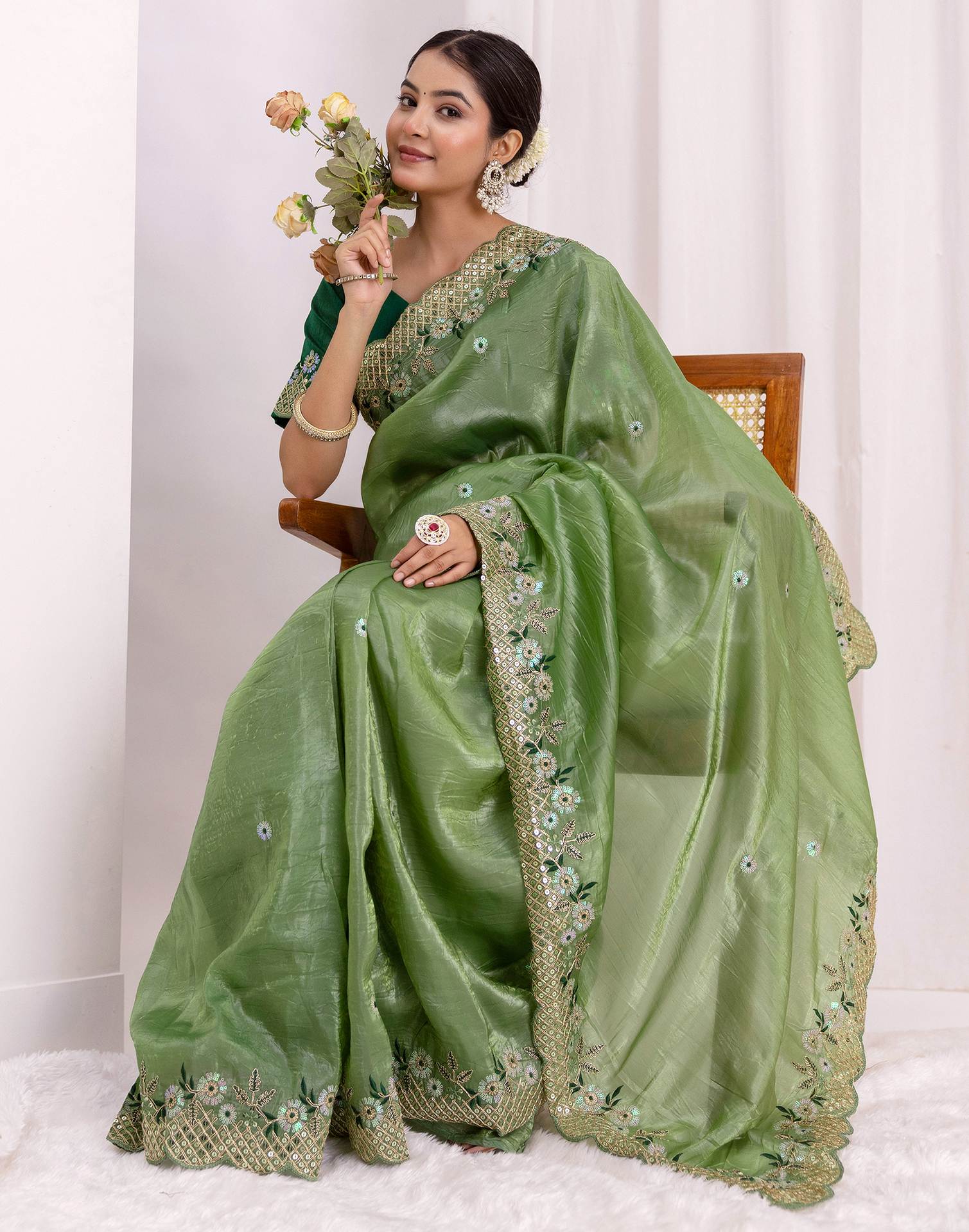 Moss Green Shimmer Sequence Embroidery Saree