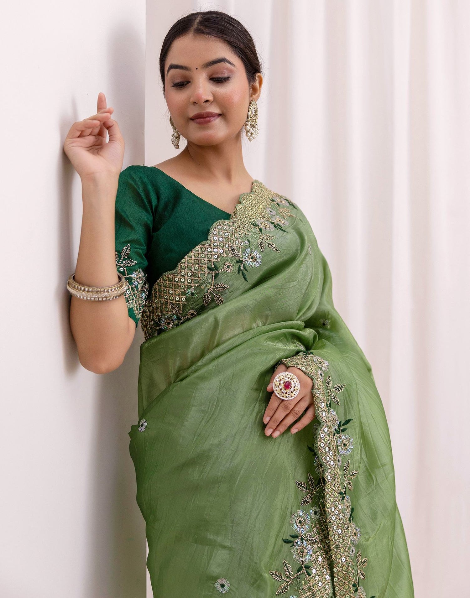 Moss Green Shimmer Sequence Embroidery Saree
