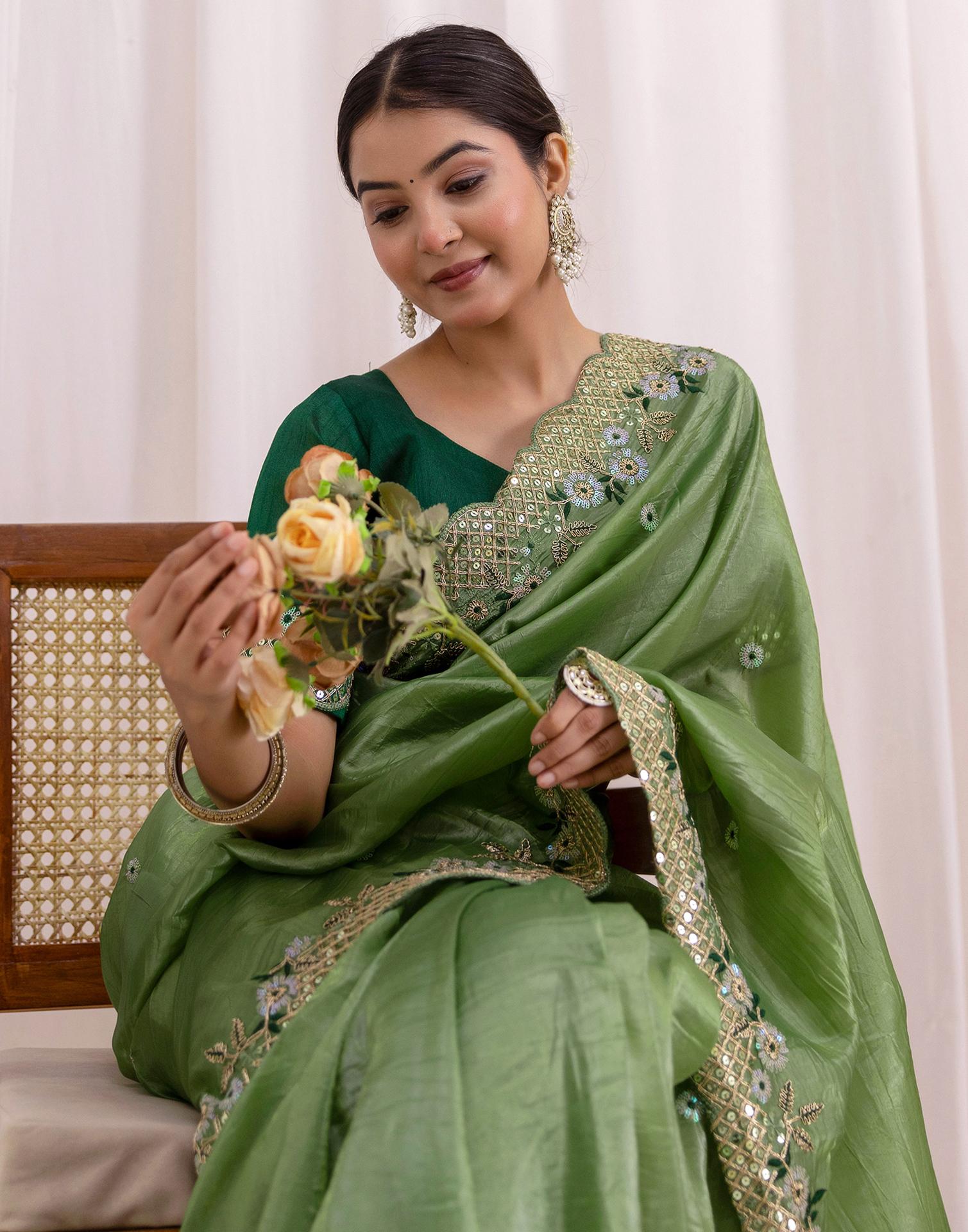 Moss Green Shimmer Sequence Embroidery Saree