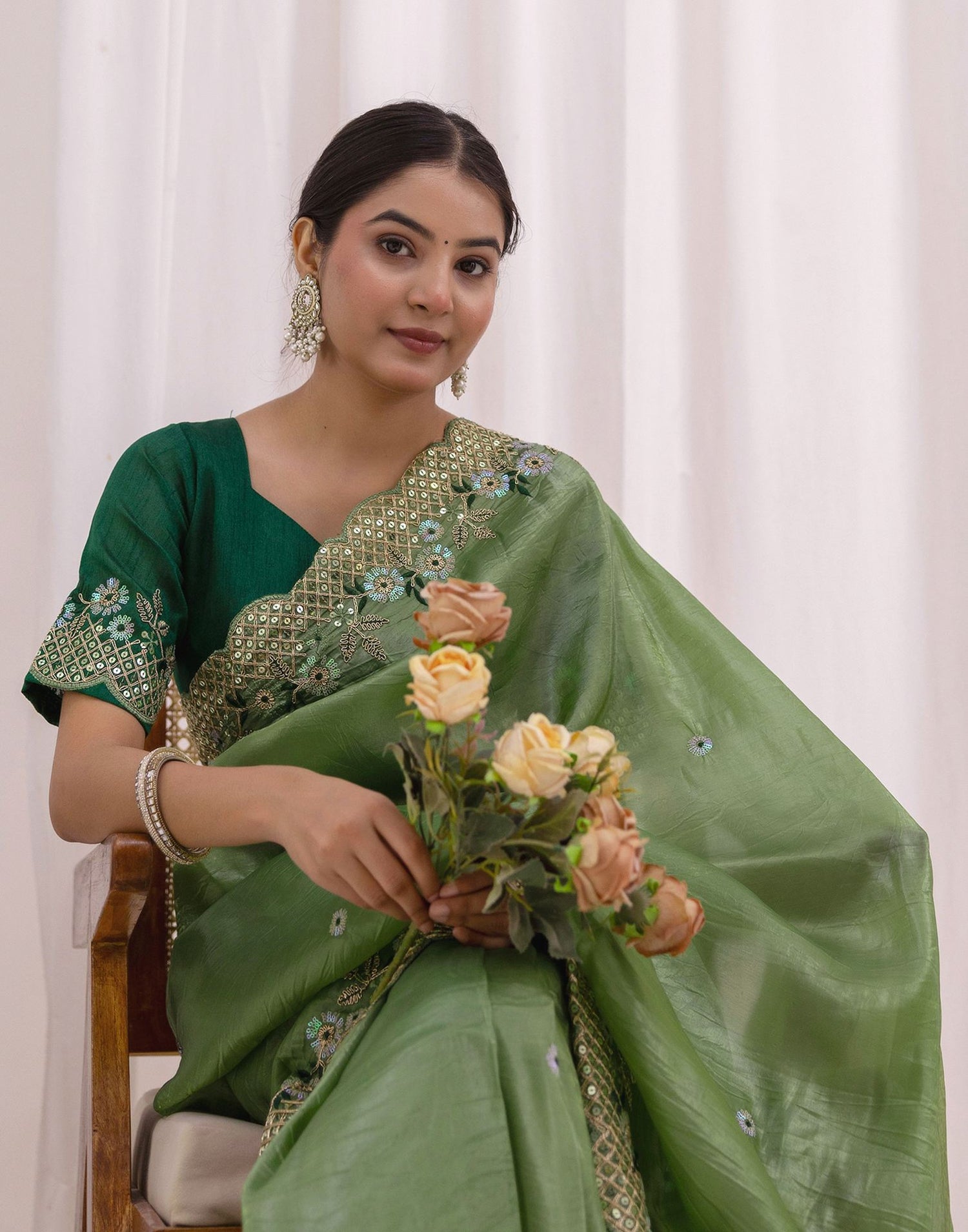 Moss Green Shimmer Sequence Embroidery Saree