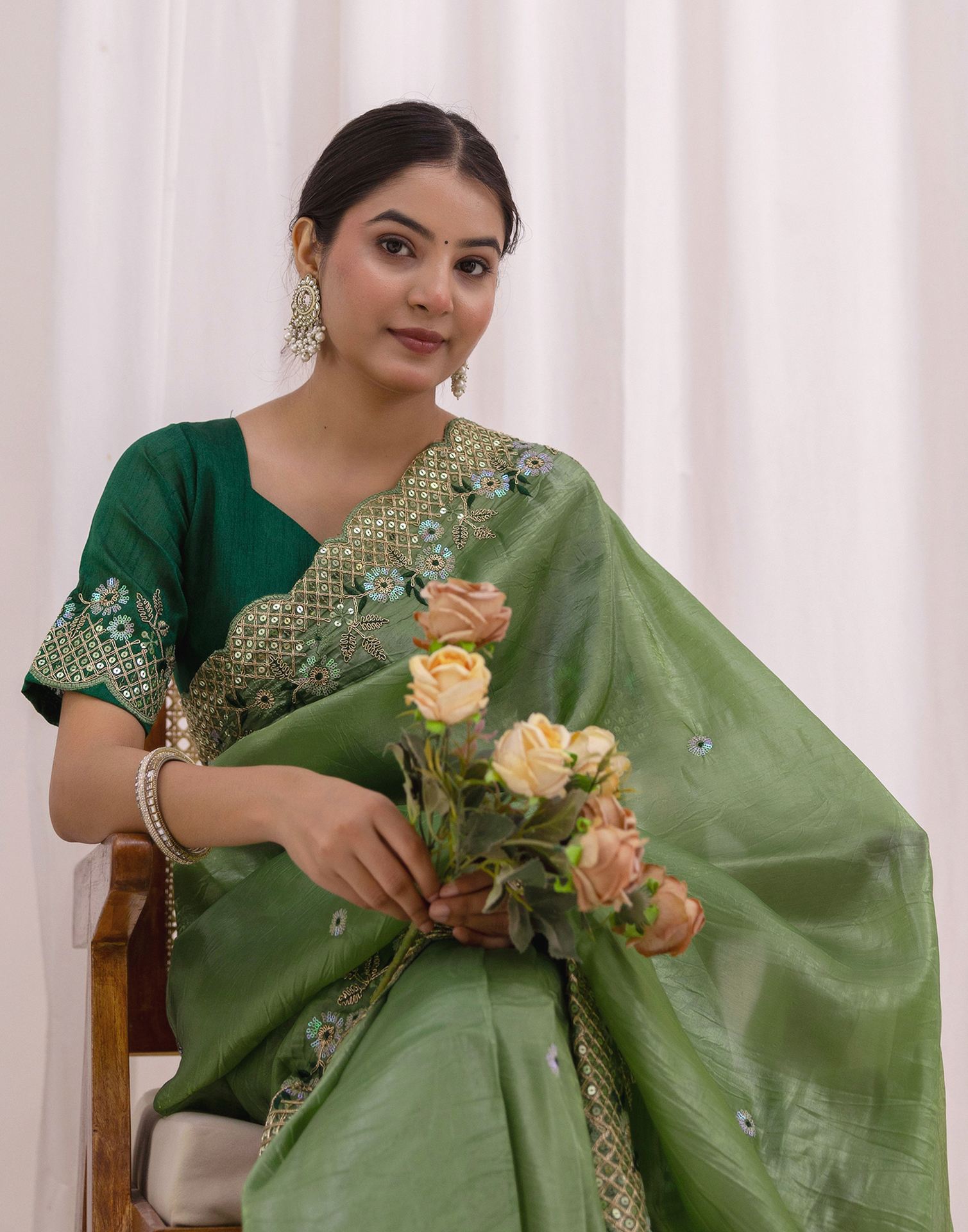 Moss Green Shimmer Sequence Embroidery Saree