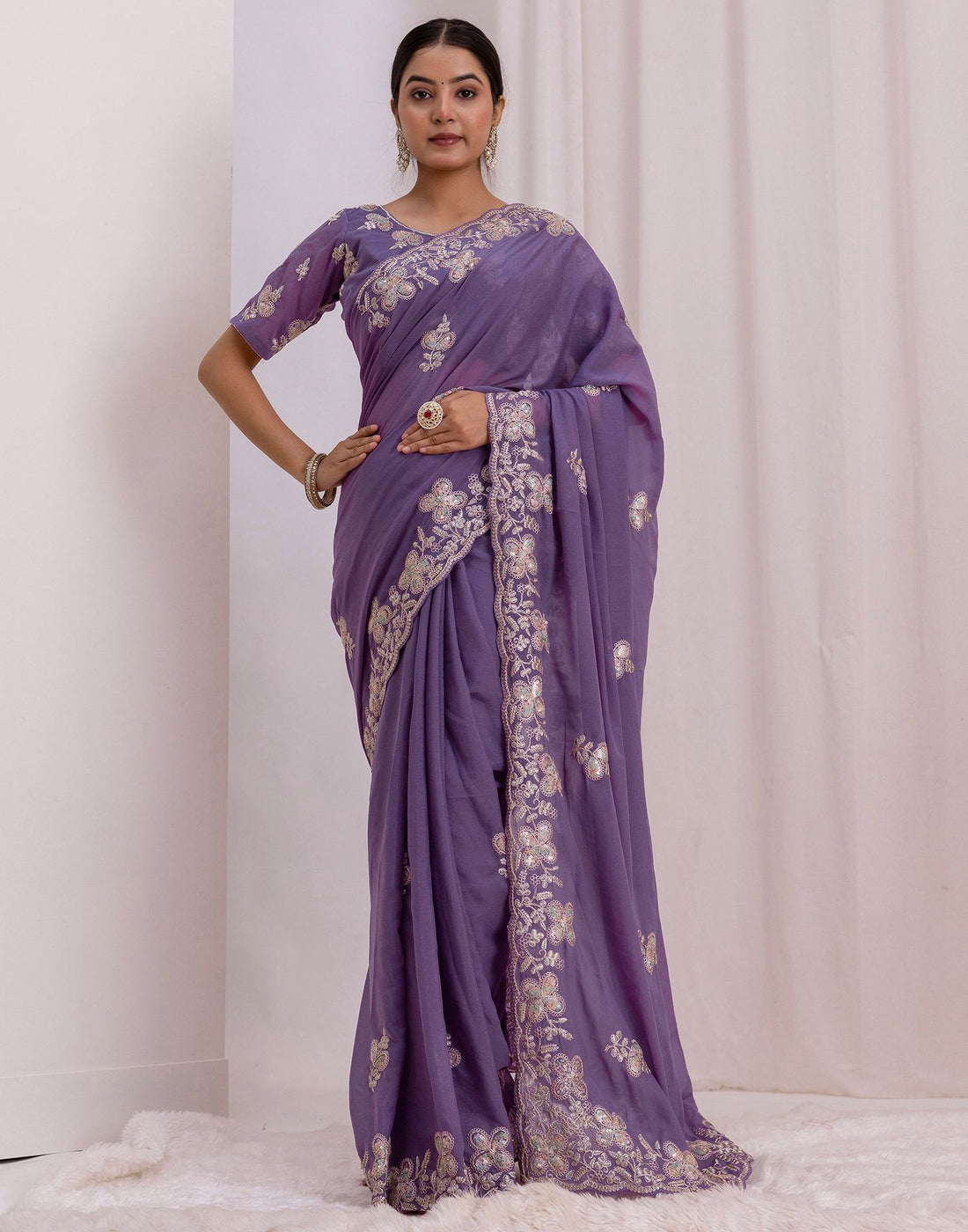 Dusty Purple Chiffon Sequence Embroidery Saree