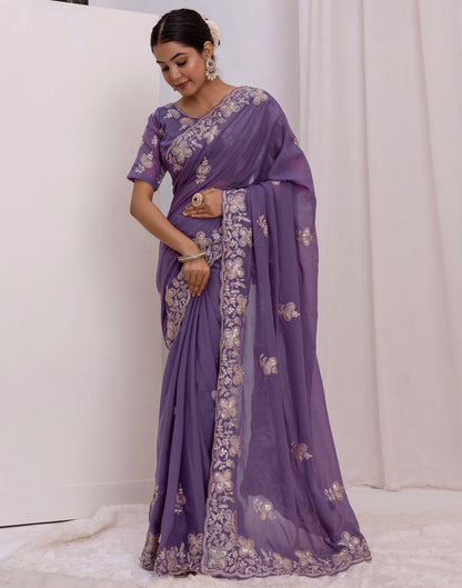 Dusty Purple Chiffon Sequence Embroidery Saree
