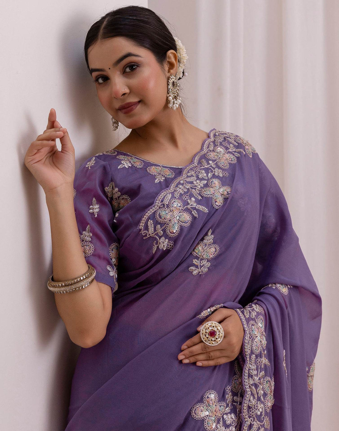 Dusty Purple Chiffon Sequence Embroidery Saree
