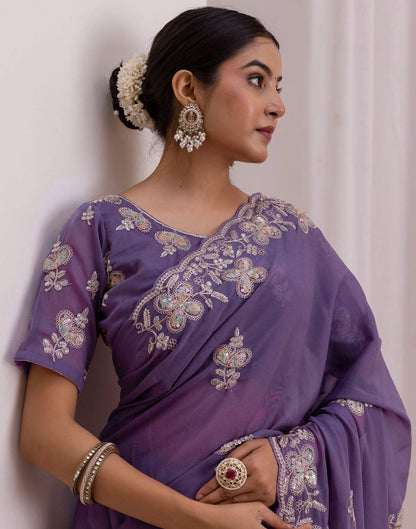 Dusty Purple Chiffon Sequence Embroidery Saree