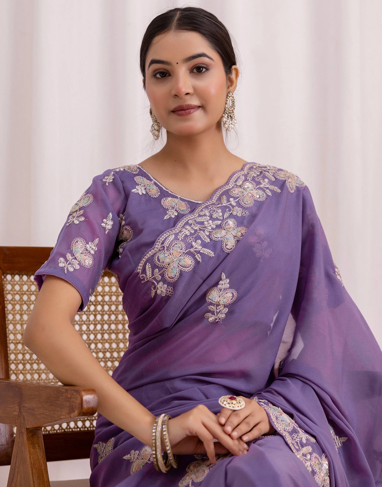 Dusty Purple Chiffon Sequence Embroidery Saree