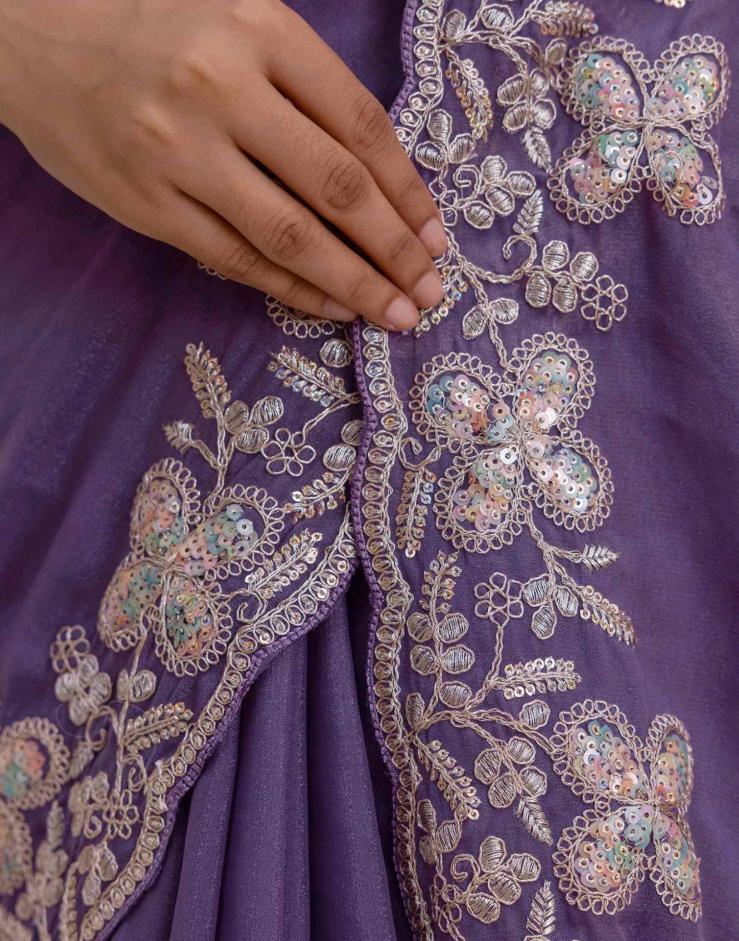 Dusty Purple Chiffon Sequence Embroidery Saree