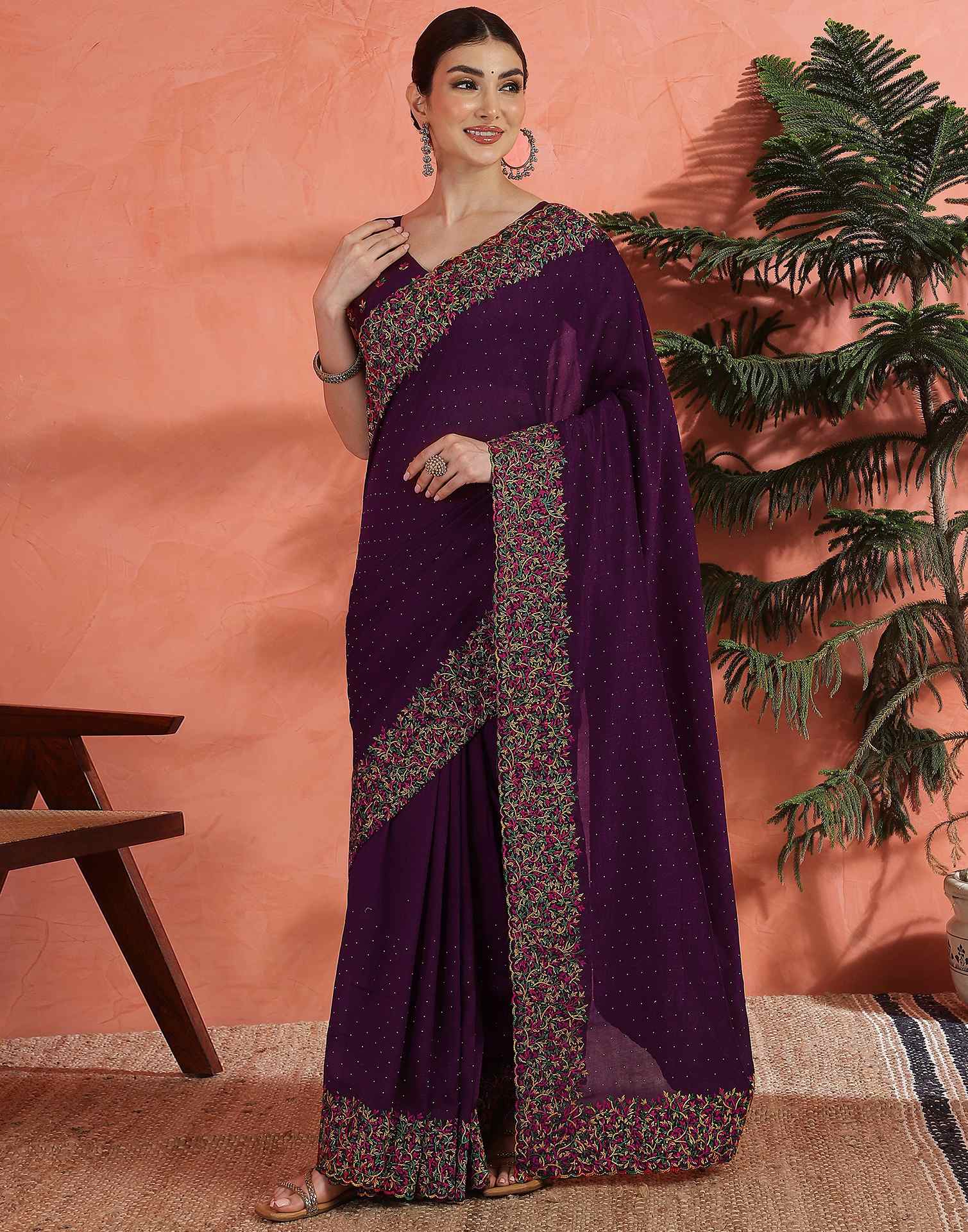 Wine Chinnon Embroidery Swarovski Saree
