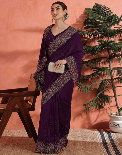 Wine Chinnon Embroidery Swarovski Saree