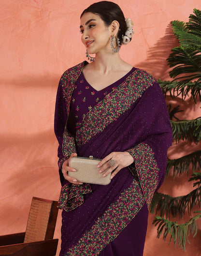 Wine Chinnon Embroidery Swarovski Saree