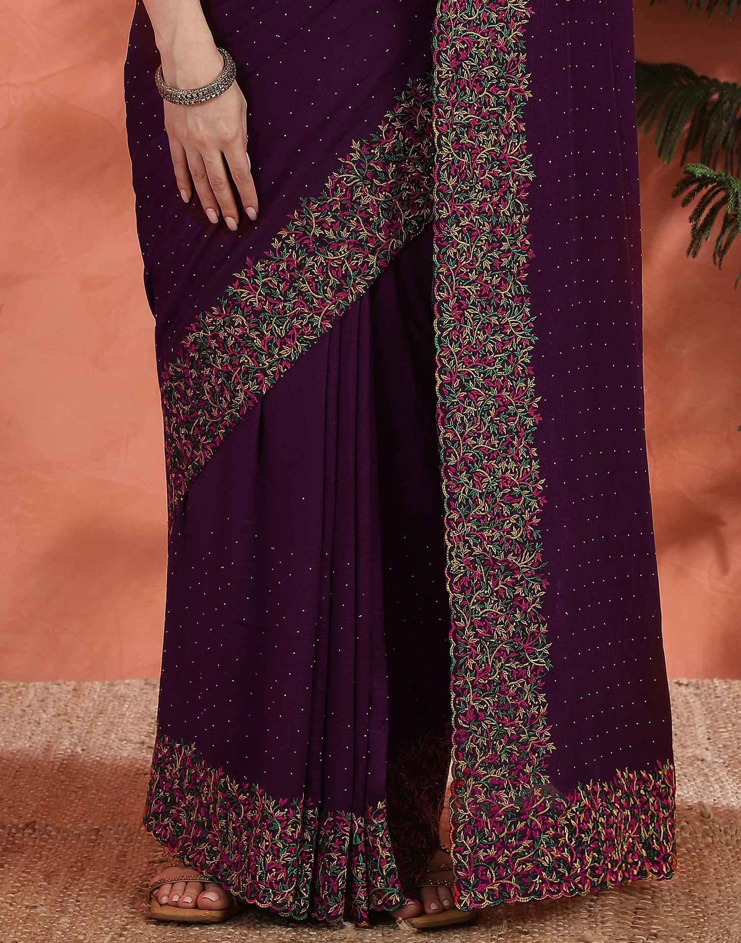 Wine Chinnon Embroidery Swarovski Saree
