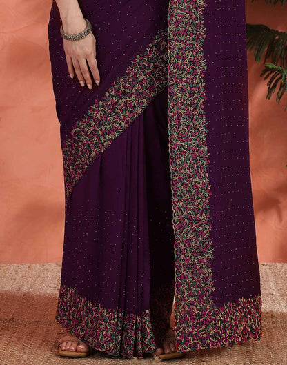 Wine Chinnon Embroidery Swarovski Saree