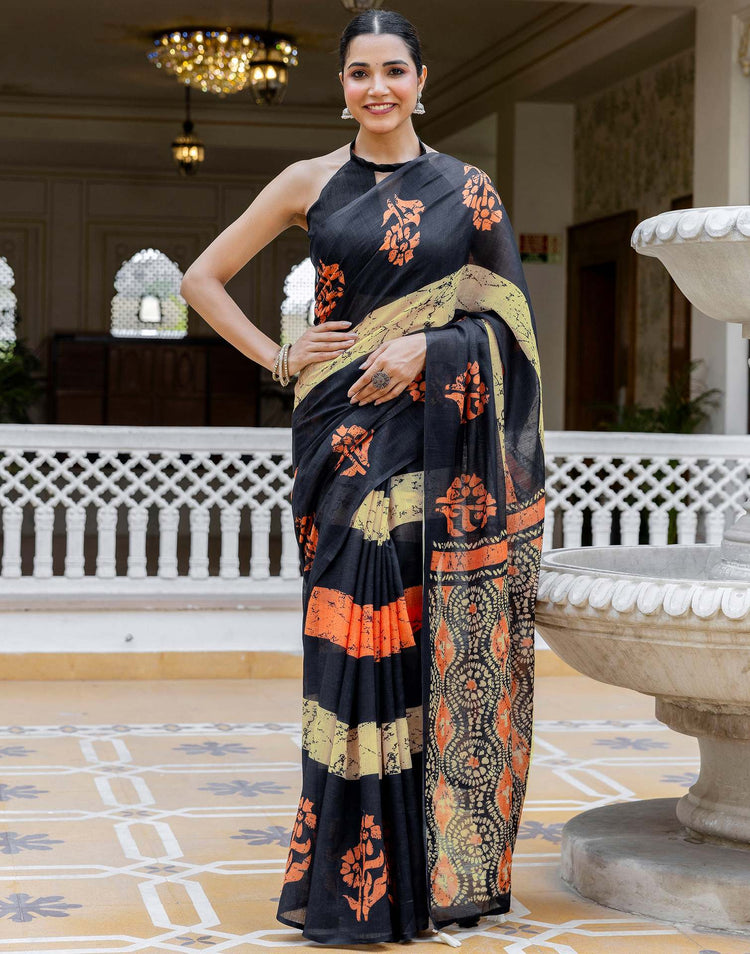 Black Linen Printed Saree