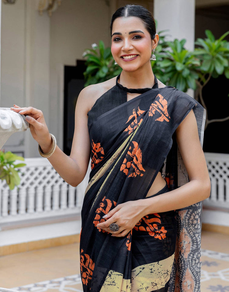 Black Linen Printed Saree