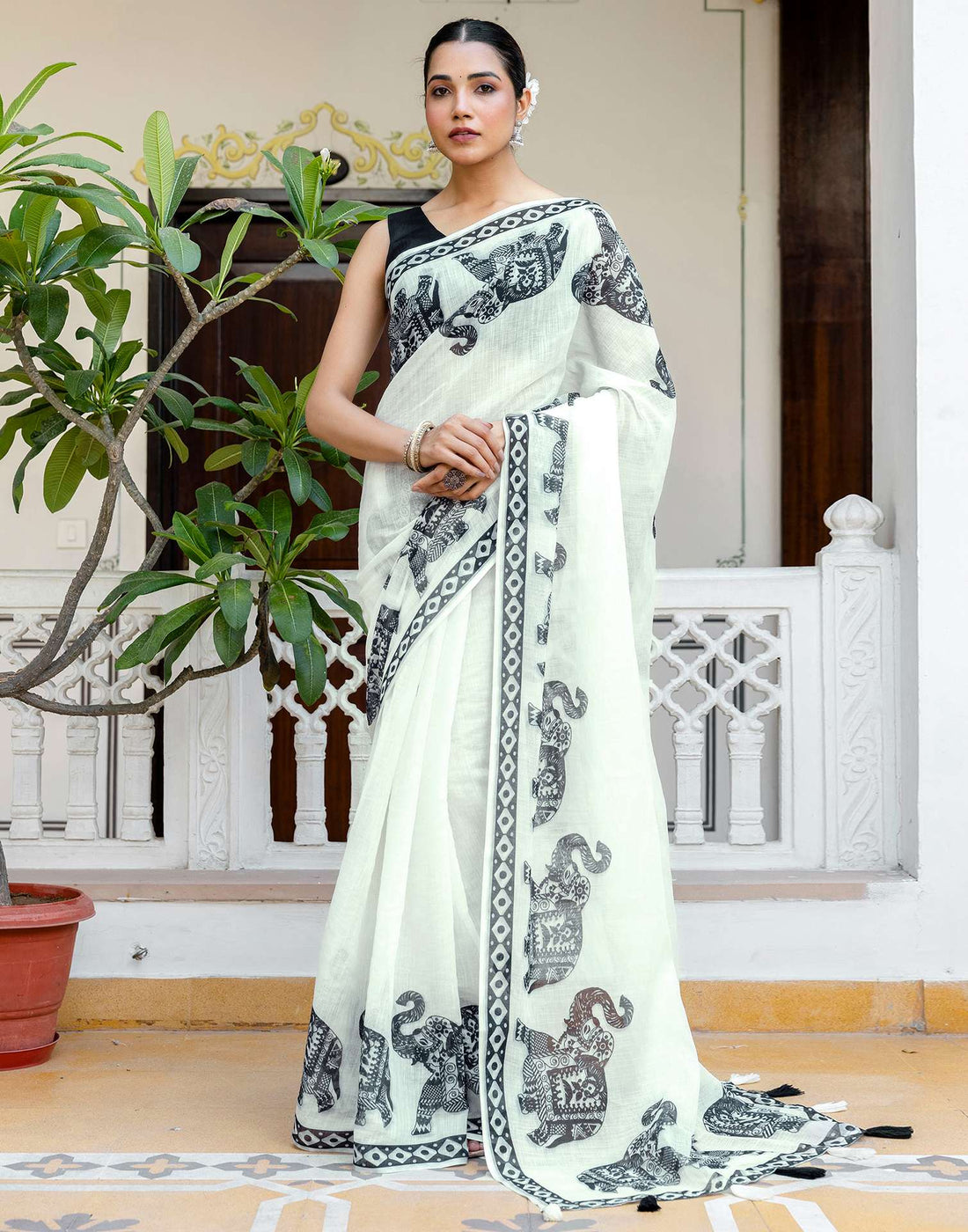 White Linen Printed Saree