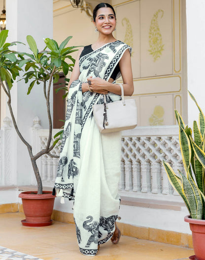 White Linen Printed Saree