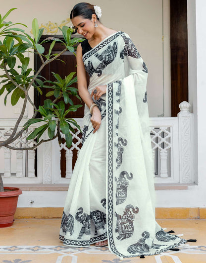 White Linen Printed Saree