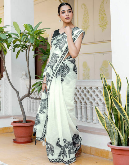 White Linen Printed Saree