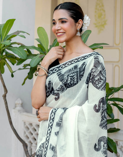 White Linen Printed Saree