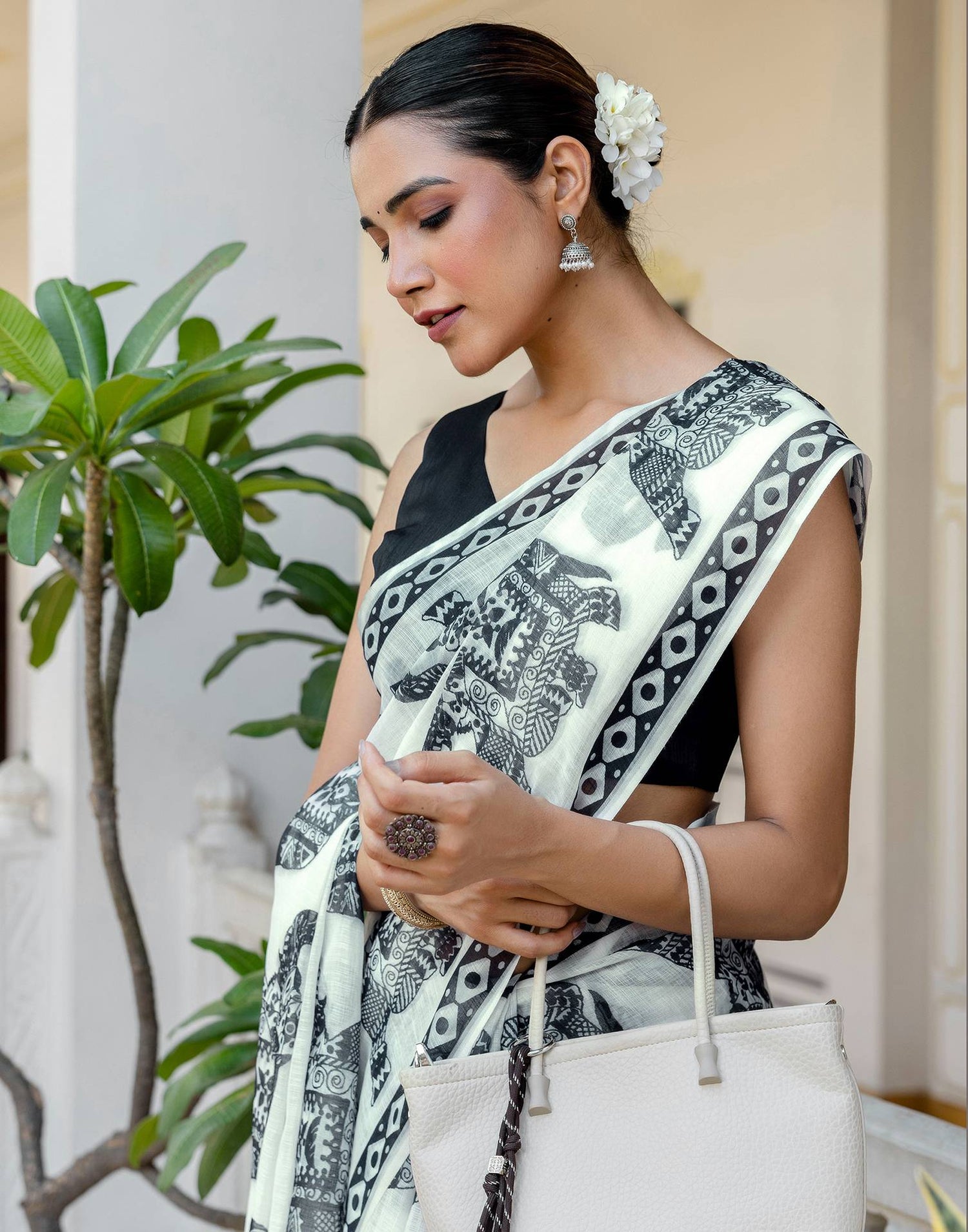 White Linen Printed Saree