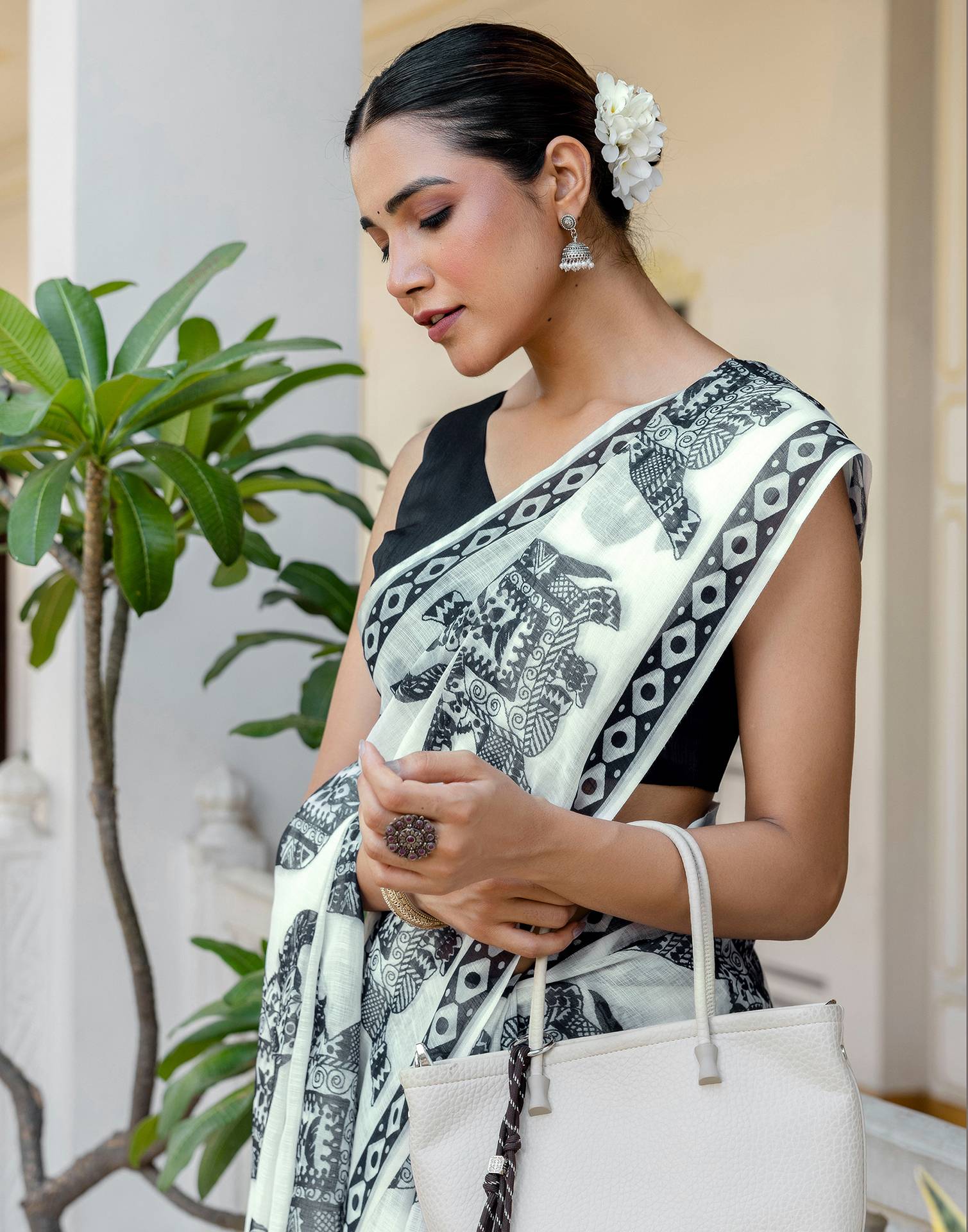 White Linen Printed Saree