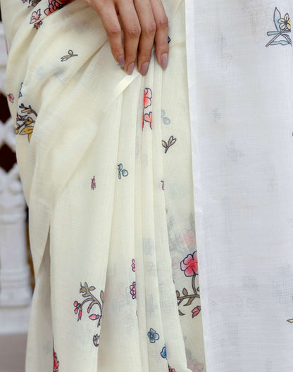 Cream Linen Floral Printed Saree